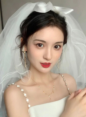 头纱头饰超仙森系头纱网红拍照道具新娘主婚纱领证白色蝴蝶结蓬蓬