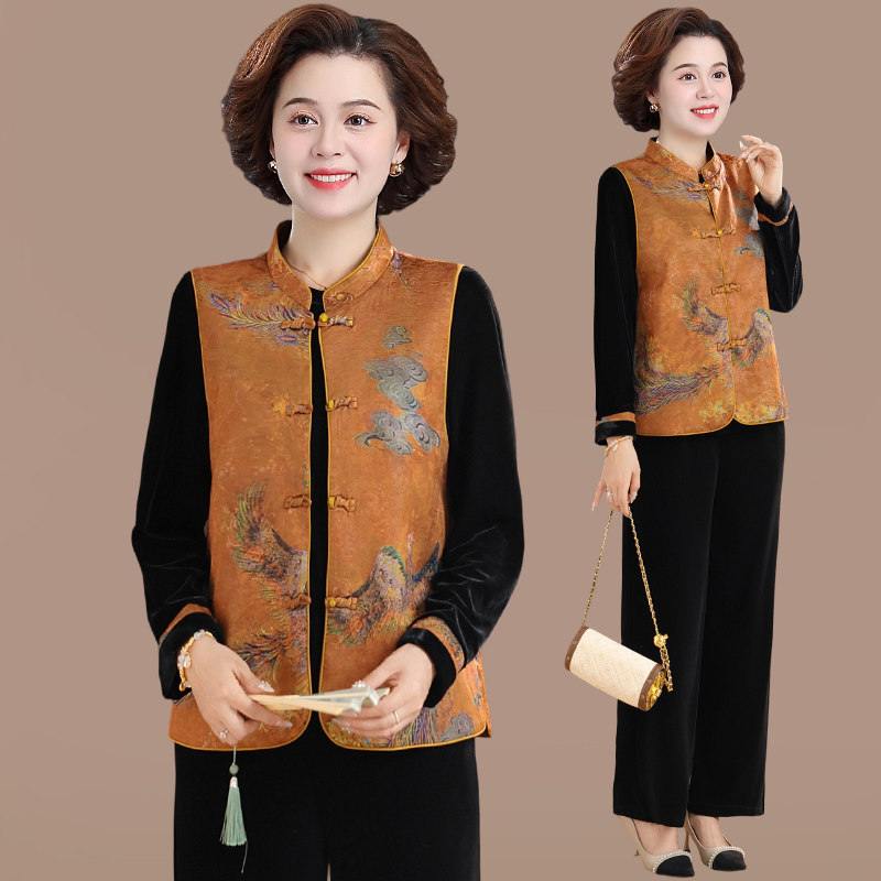 高端妈妈春秋装休闲套装50岁女国风时尚马甲中老年人金丝绒三件套