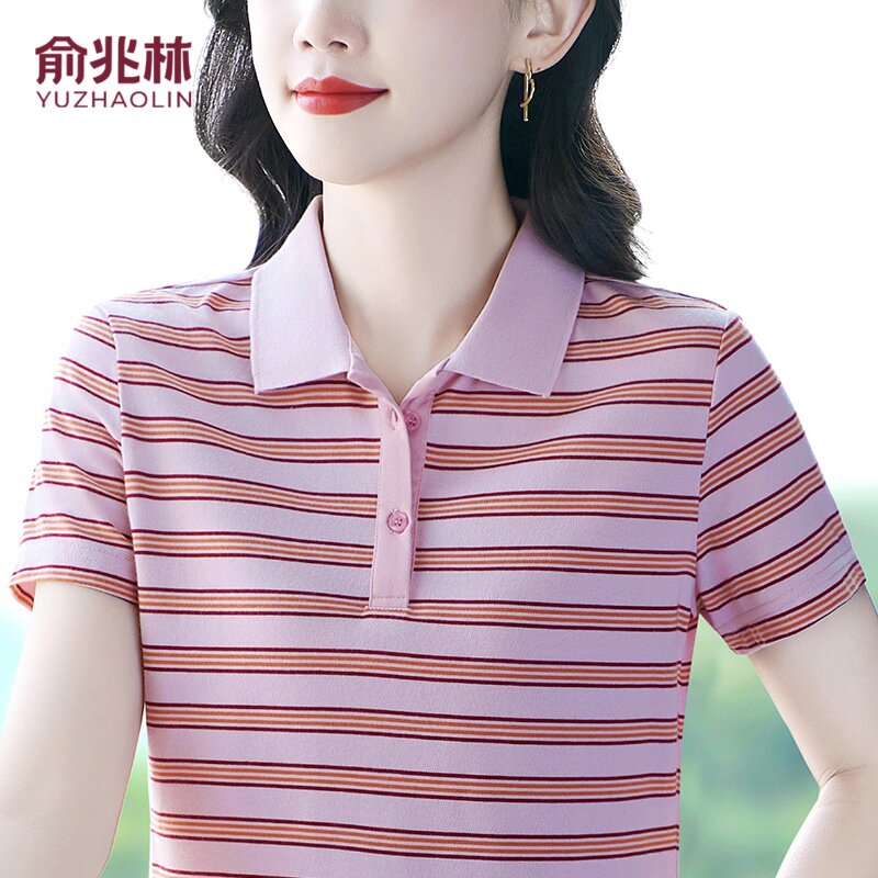 俞兆林高档冰丝棉短袖t恤女夏季2026新款条纹polo衫妈妈翻领上衣