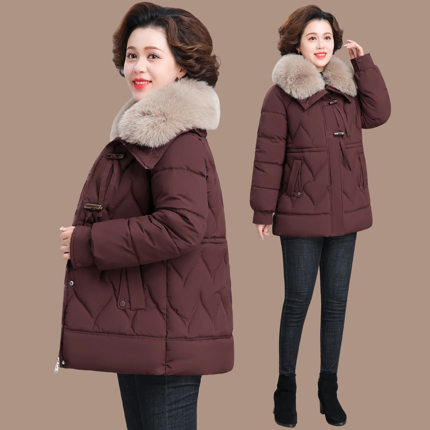 妈妈秋冬棉衣外套中长款洋气大毛领显瘦保暖羽绒棉服中老年女冬装