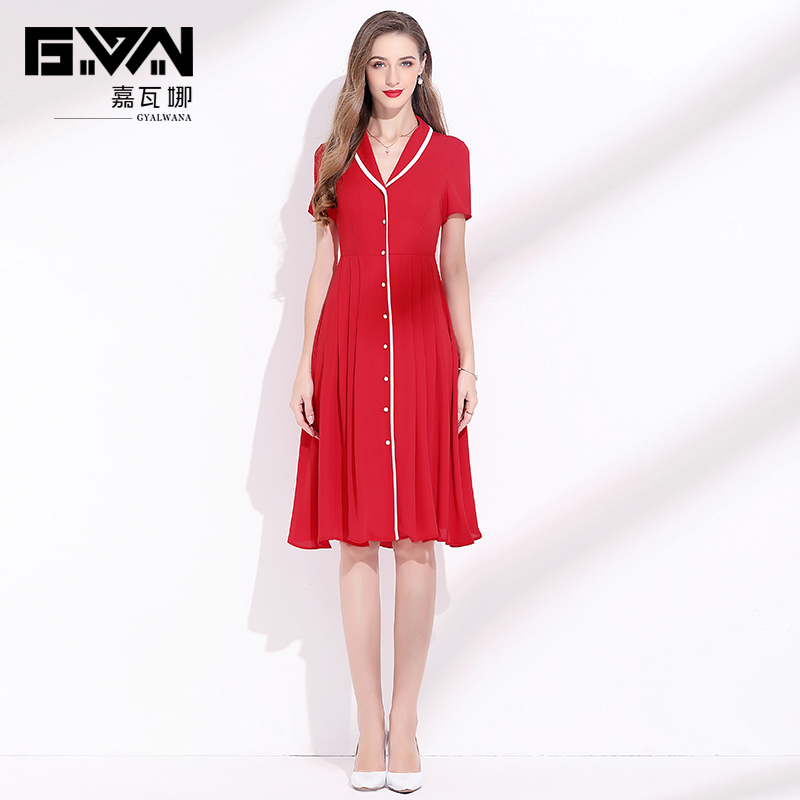 红色雪纺连衣裙夏2024年新款时尚气质单排扣开衫短袖裙子女夏显瘦
