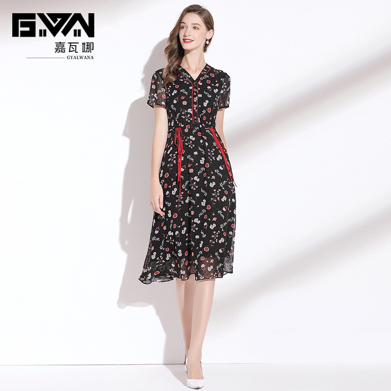 高端雪纺碎花连衣裙2025年夏季新款v领短袖抽绳系带收腰气质a字裙