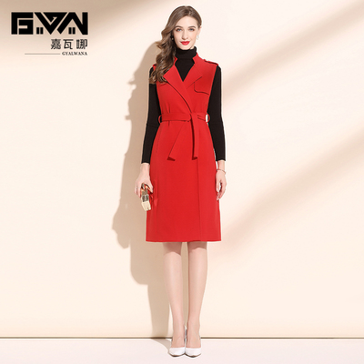 冬装2025年新款女气质小香风背心裙女秋冬系带收腰红色打底裙冬