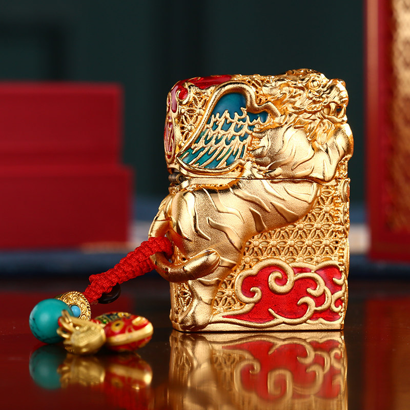 正版zippo防风煤油打火机 虎虎生威纯铜镀金花丝珐琅男士收藏送礼