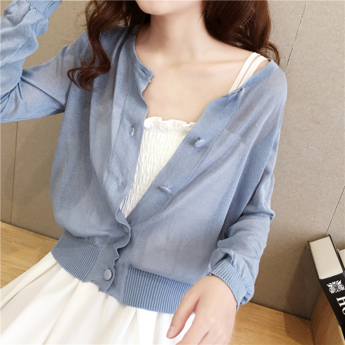 Real picture meat finished air conditioning shirt women's cardigan summer long sleeve loose micro transparent thin top sun proof coat