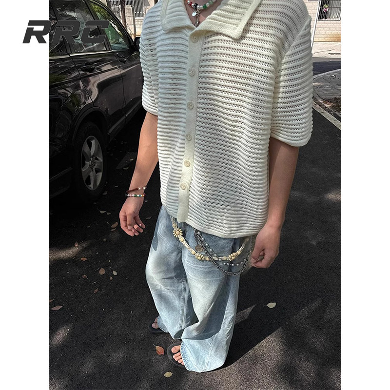 CLEANFIT RETRO CUT-OUT SHIRT BOYS SUMMER THIN KNIT SWEATER SHORT SLEEVE OLD MONEY STYLE WEAR LAPEL HALF SLEEVE