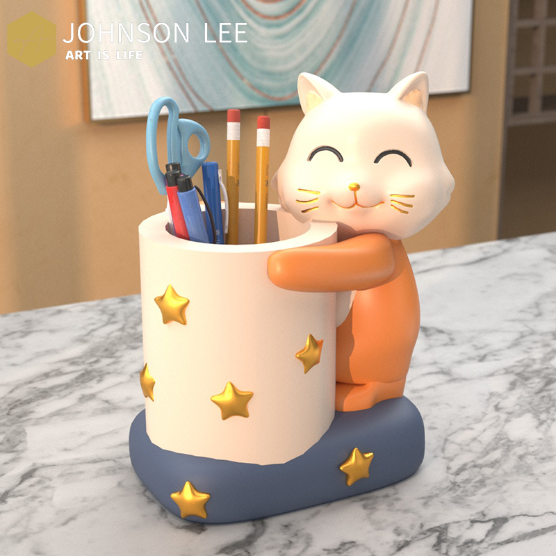 桌面笔筒创意摆件可爱招财猫办公室客厅家居