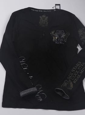 男装潮牌T恤黑色烫金日单全棉长袖修身B427