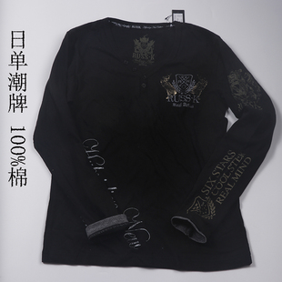男装潮牌T恤黑色烫金日单全棉长袖修身B427