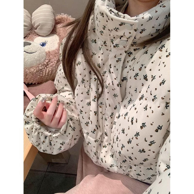 短款碎花立领棉服外套女冬季小个子加厚灯芯绒面包服文艺复古风