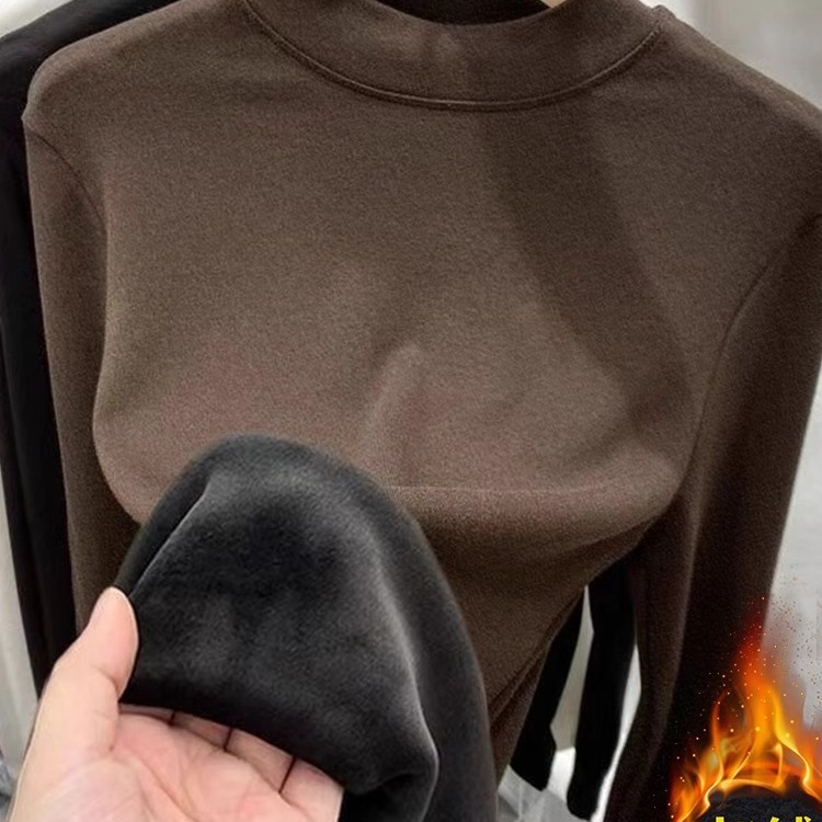 加绒加厚打底衫女秋冬季保暖上衣半高领t恤长袖百搭文艺复古风