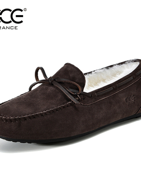 CCE冬季男鞋一脚蹬羊皮毛一体猪皮豆豆鞋保暖舒适真皮棉鞋3390