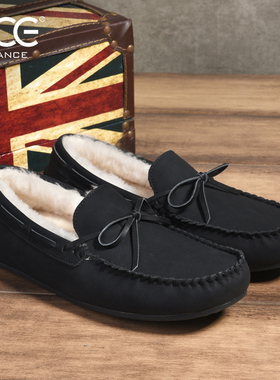 CCE加厚保暖冬季英伦一脚蹬疯马牛皮羊毛豆豆鞋手工缝制男鞋6036