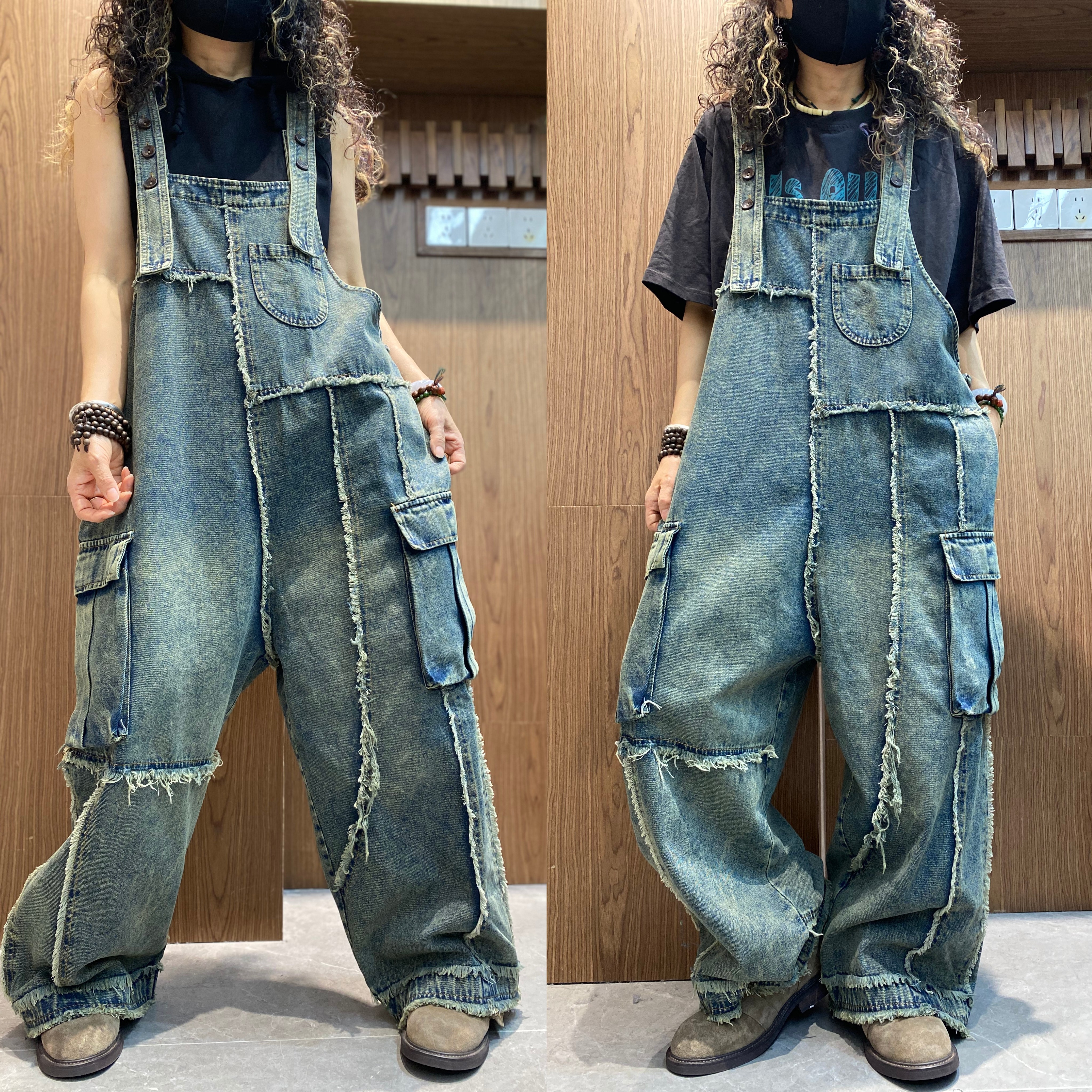 工装风牛仔背带裤女宽松多口袋连体裤显瘦毛边拼接休闲裤