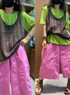 针织假两件设计慵懒风绿色短袖T恤女夏宽松百搭显瘦遮肉休闲上衣