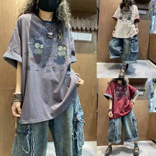 卡通印花短袖T恤女士宽松版型格子拼接百搭款上衣春夏纯棉体恤