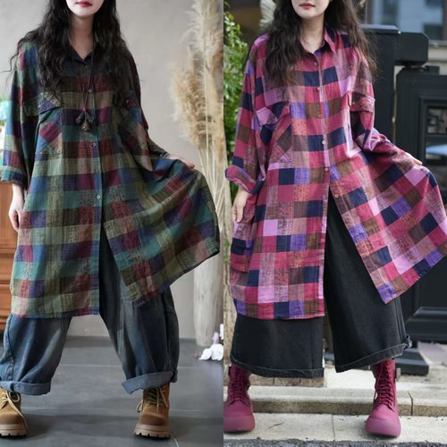 复古炒色中长款格子衬衫女2025秋季新款百搭宽松胖妹妹长袖衬衣