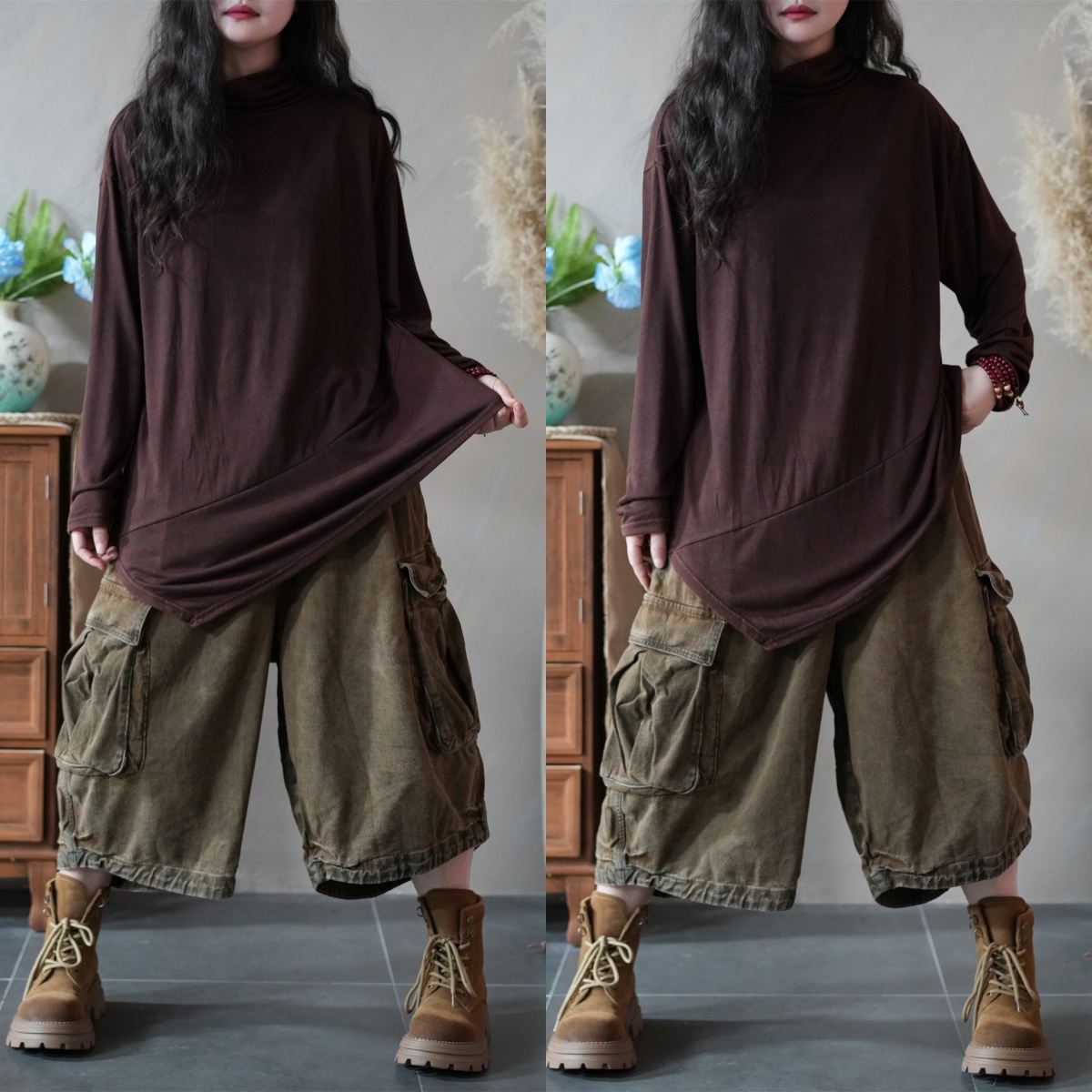 复古咖啡色不规则拼接长袖打底衫女2025秋季新款圆领柔韧弹力上衣