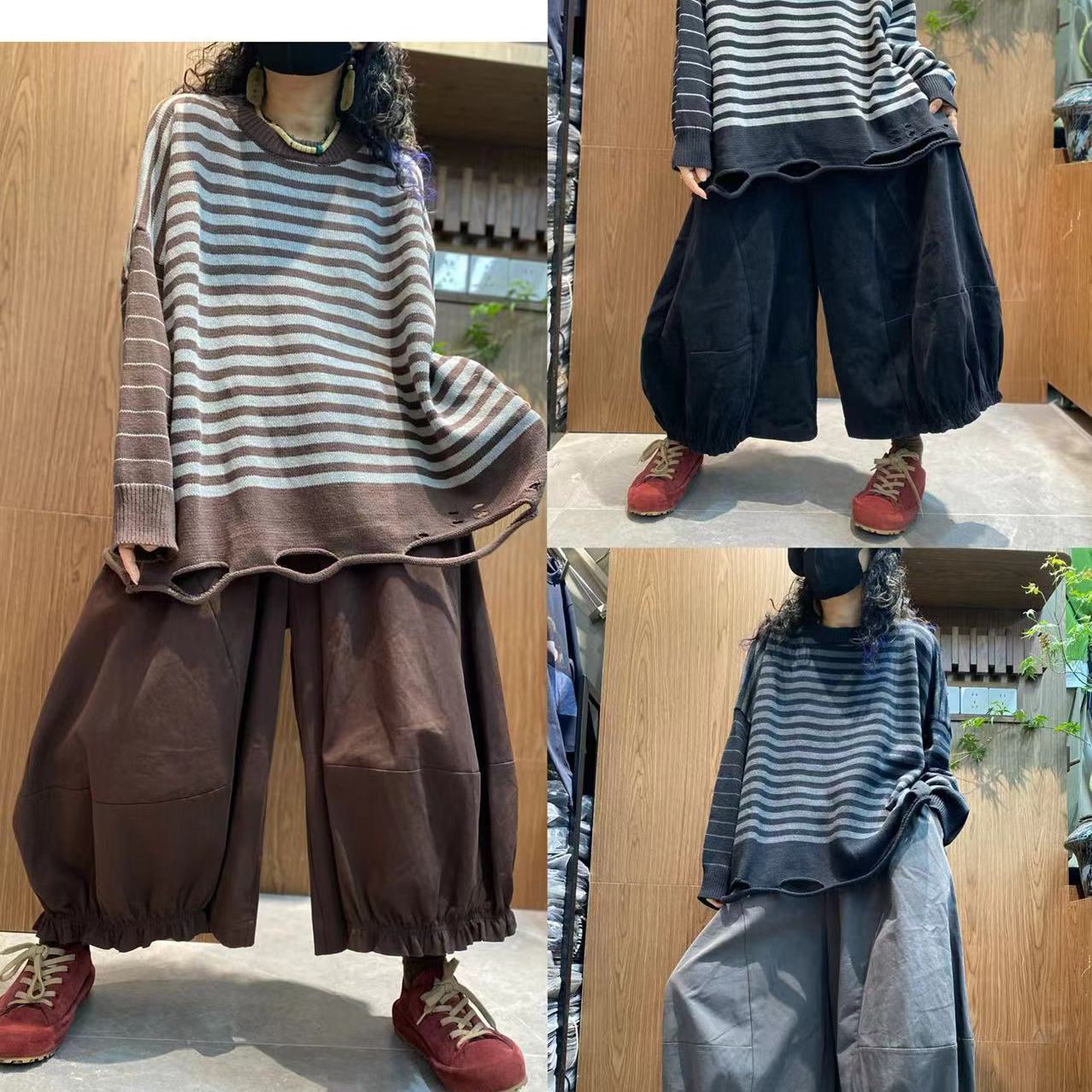 2025秋季新款条纹破洞毛衣中长款短袖T恤撞色女装慵懒风上衣