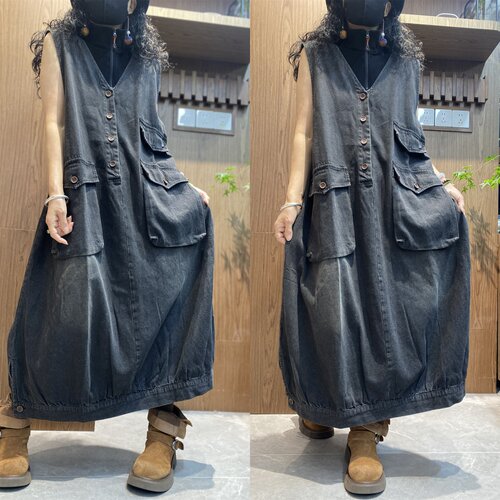 复古做旧V领牛仔连体裙女2025秋季新款大码工装纽扣设计连衣裙