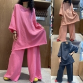 套装 上衣阔腿长裤 春季 休闲毛边短袖 两件套 新款 纯色百搭简约女大版