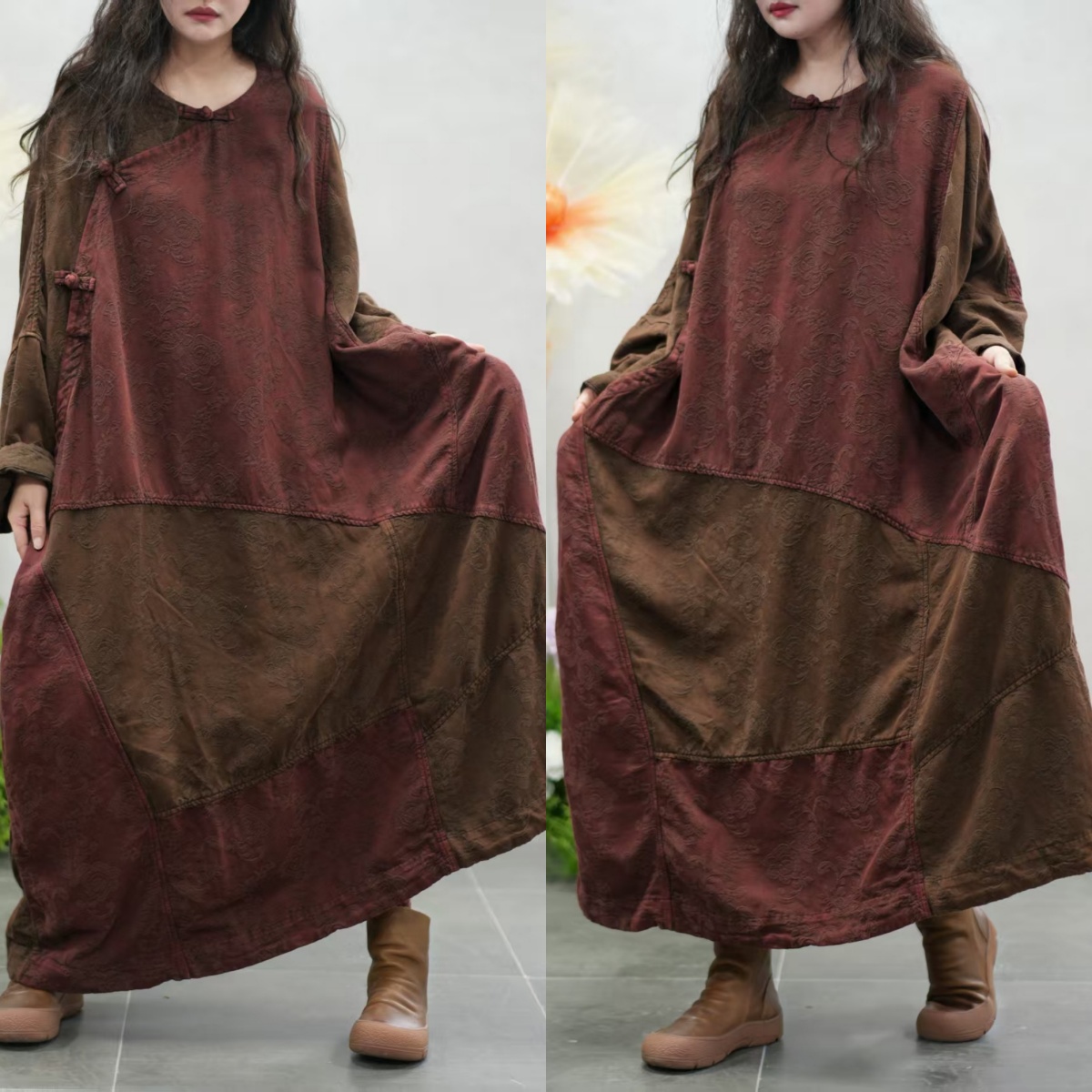 复古高端定制炒色大版拼接盘扣国风长裙女秋冬遮肉大褂长袖连衣裙