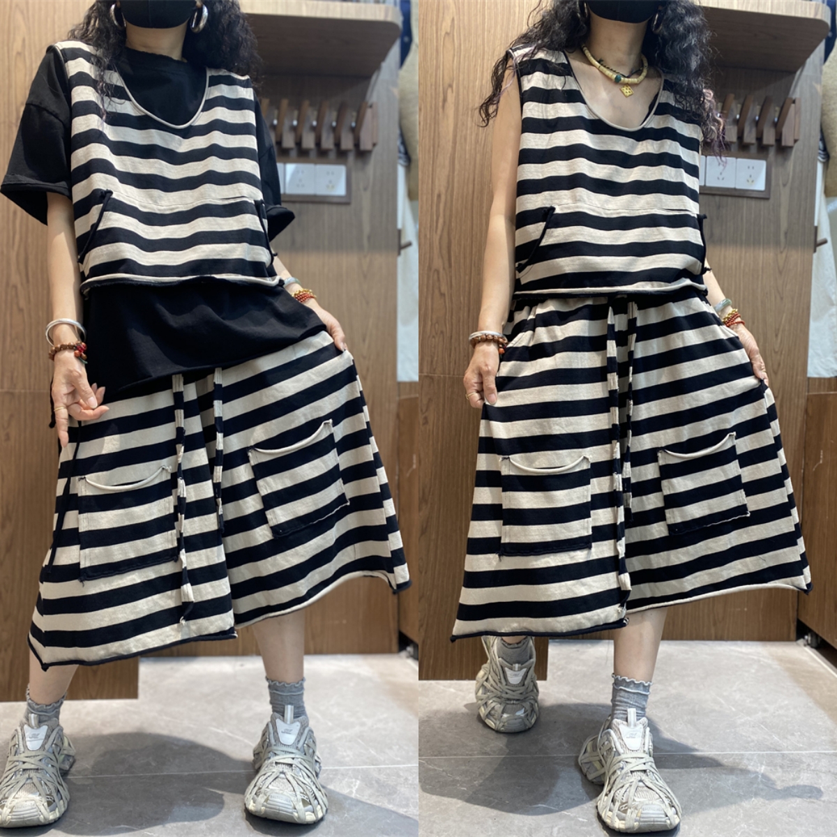 休闲大码条纹套装女2025夏季新款无袖马夹+松紧腰A版七分裤两件套