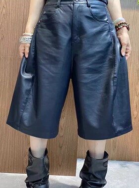 复古黑色质感做旧皮裤女2025秋季新款大码宽松显瘦高腰直筒中裤