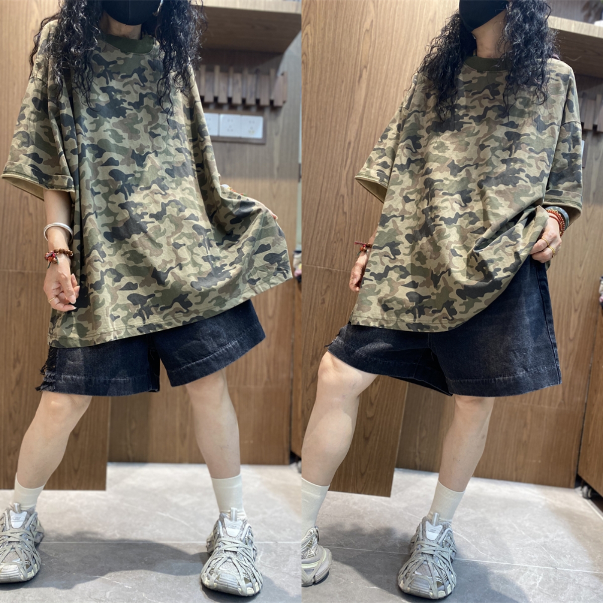 宽松大版迷彩短袖T恤女2025夏季新款气质潮流圆领套头遮肉上衣