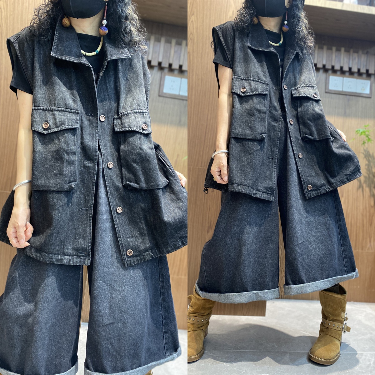 复古渐变牛仔黑无袖马夹女士大码服装翻领大口袋工装马甲外搭