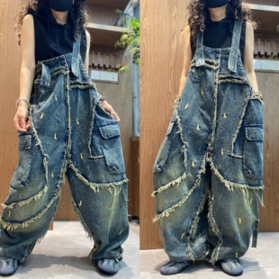 复古刺绣破洞牛仔背带裤女大码宽松毛边多口袋阔腿裤个性街头风