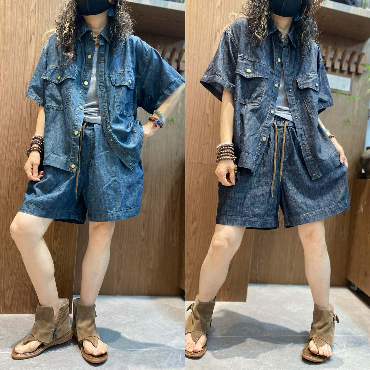 韩版炒色牛仔套装女夏季宽松显瘦金属扣短袖衬衫短裤两件套休闲