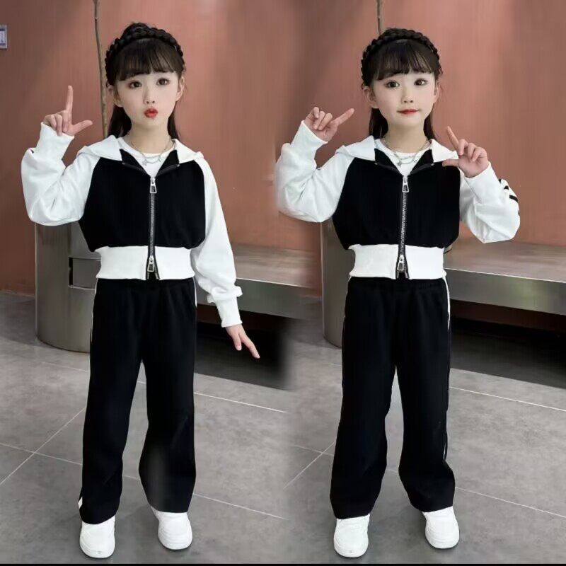 春秋女童纯棉撞色连帽运动套装洋