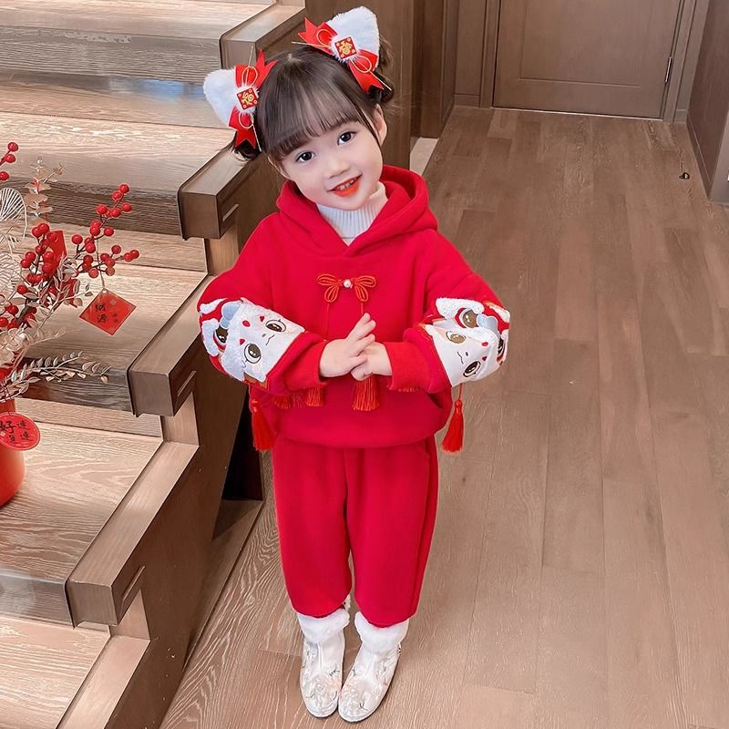 女童本命年红色新款秋冬儿童喜庆加绒卫衣套装小女孩洋气网红童装