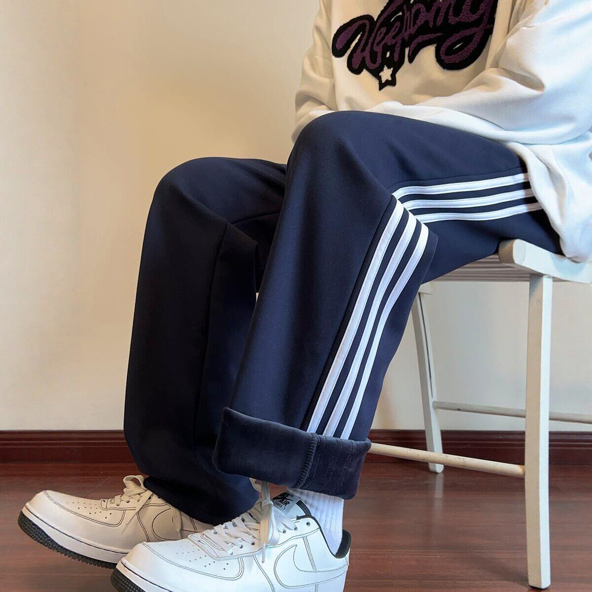 校服裤子加绒加厚藏青色初高中小学生两三道杠秋冬季男女运动校裤