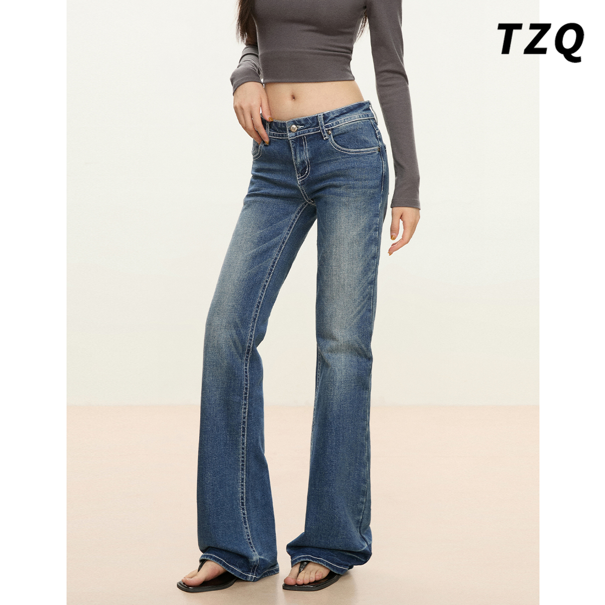 复古蓝低腰直筒牛仔裤女