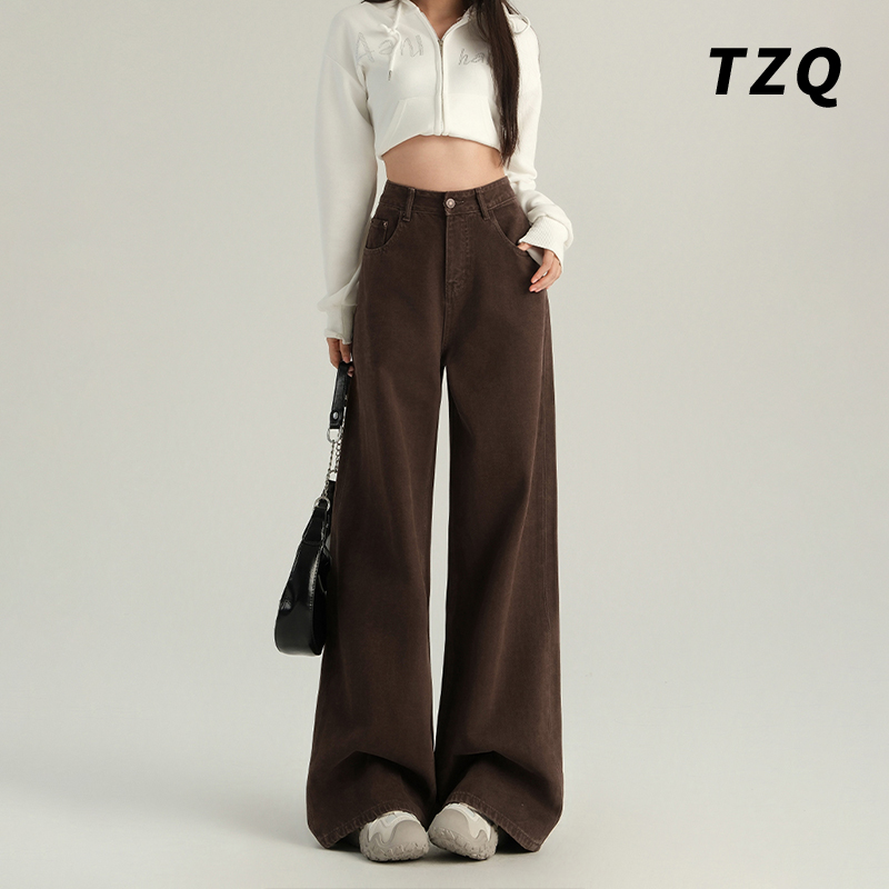 美拉德咖色阔腿牛仔裤女2025秋季