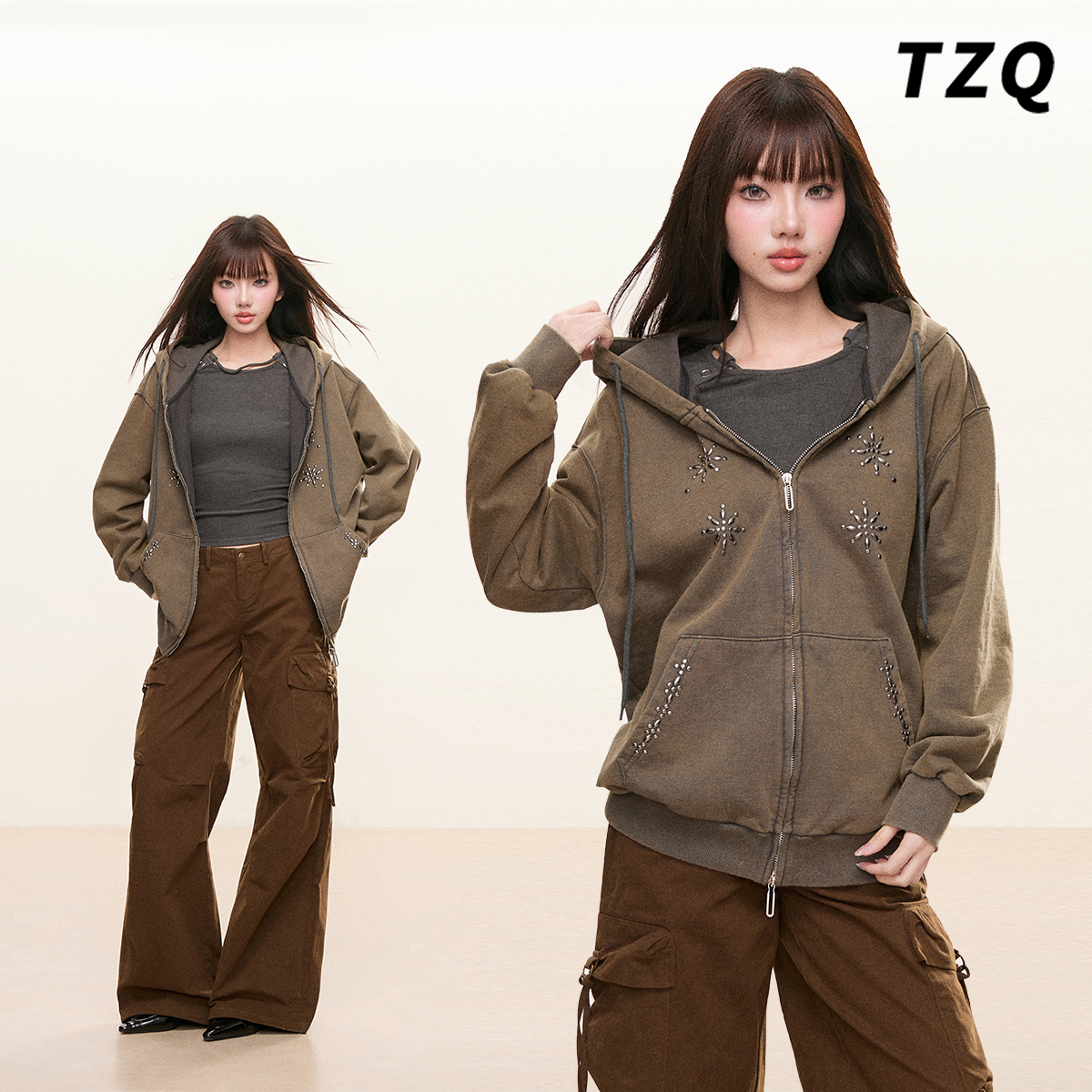 美式复古连帽拉链显瘦卫衣女