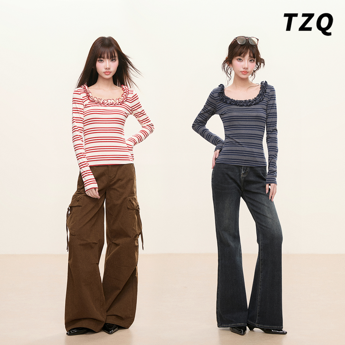 早秋U领条纹修身长袖通勤T恤