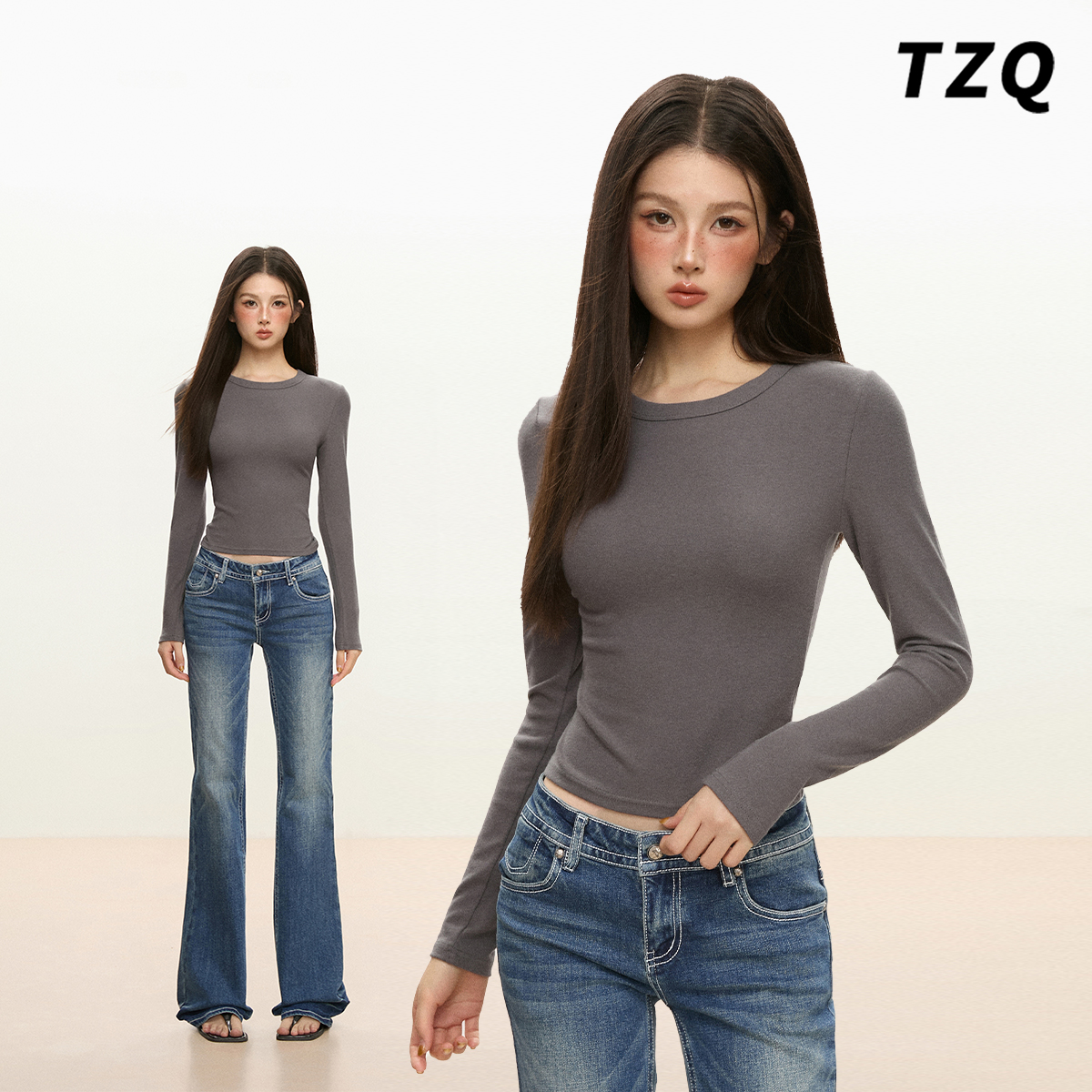 深灰色圆领修身打底上衣