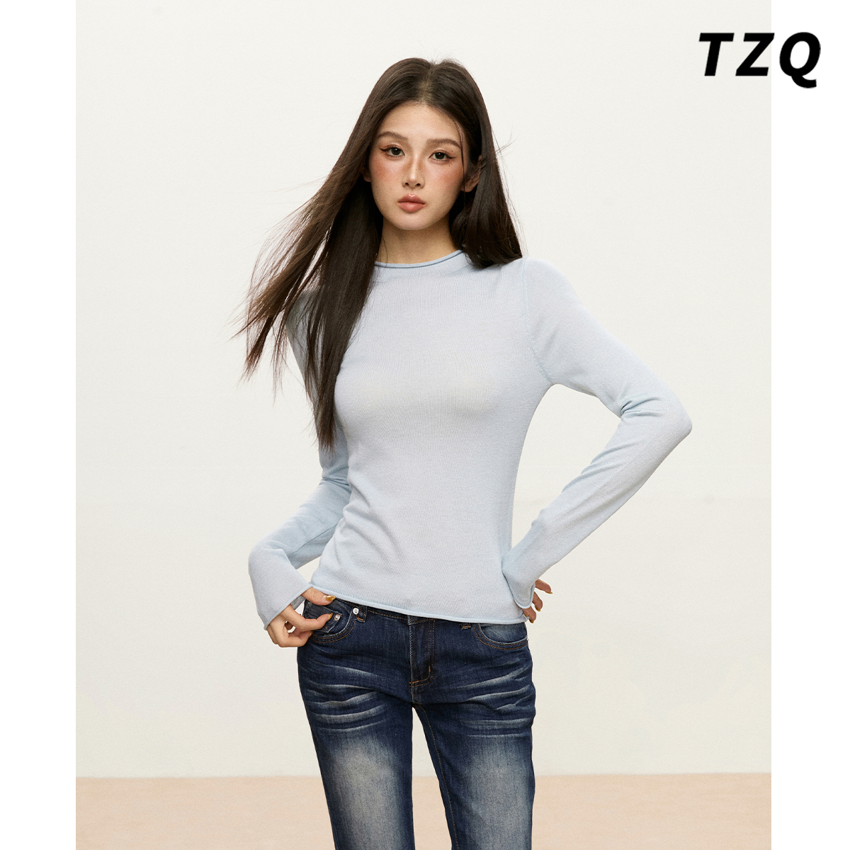 韩版半高领针织长袖T恤