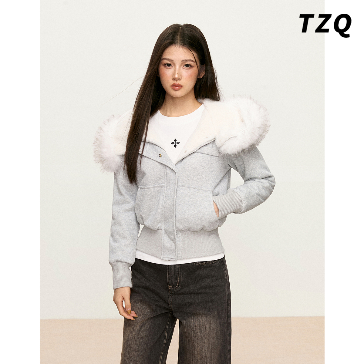 美式复古毛领连帽短外套