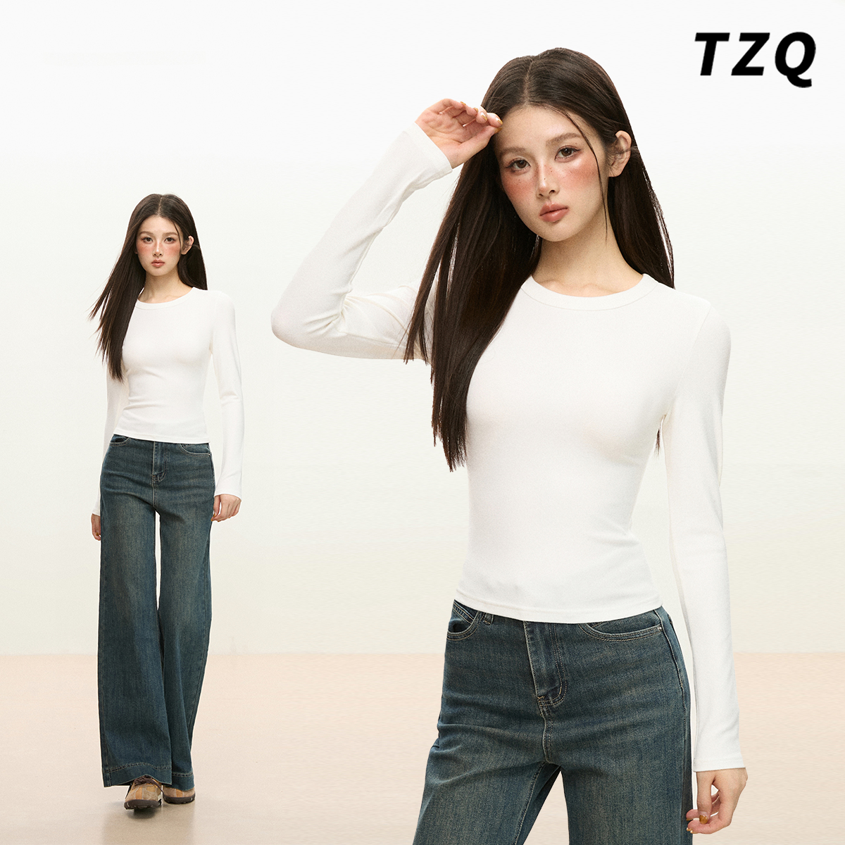 白色内搭圆领正肩显瘦长袖t恤