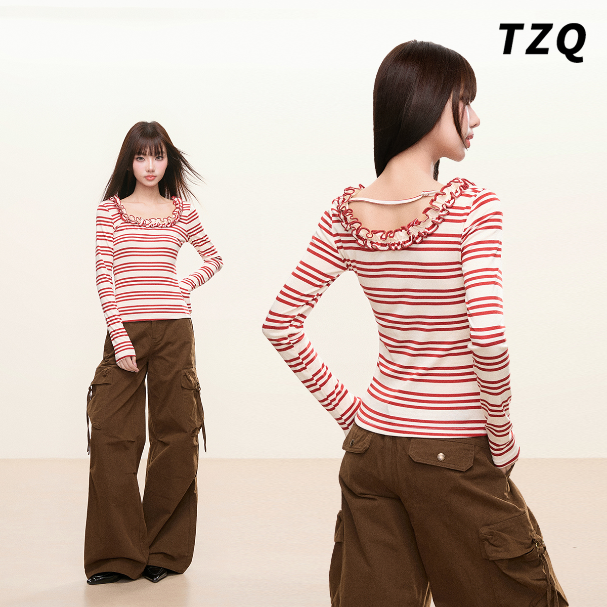 法式甜美花边条纹显瘦长袖T恤