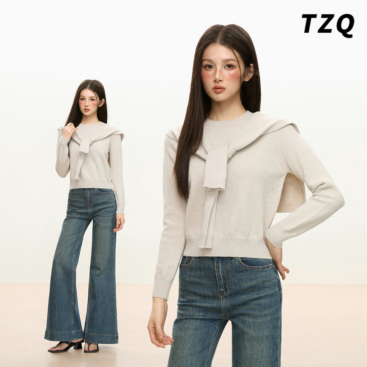 浅灰色内搭毛衣针织衫打底上衣女