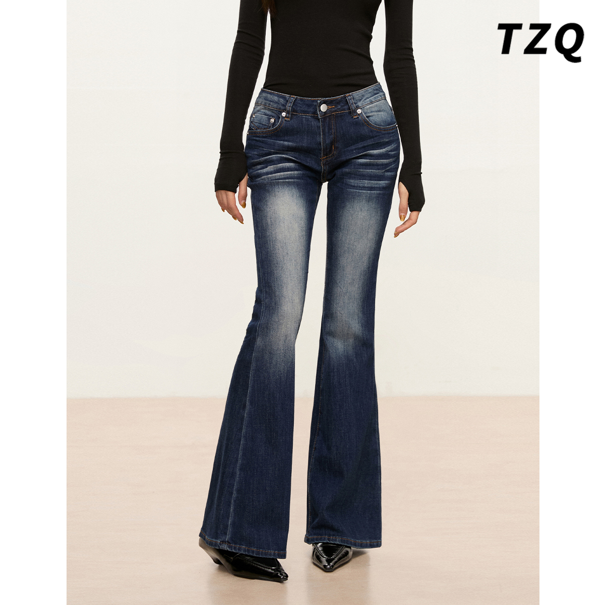 美式复古辣妹风高腰喇叭牛仔裤