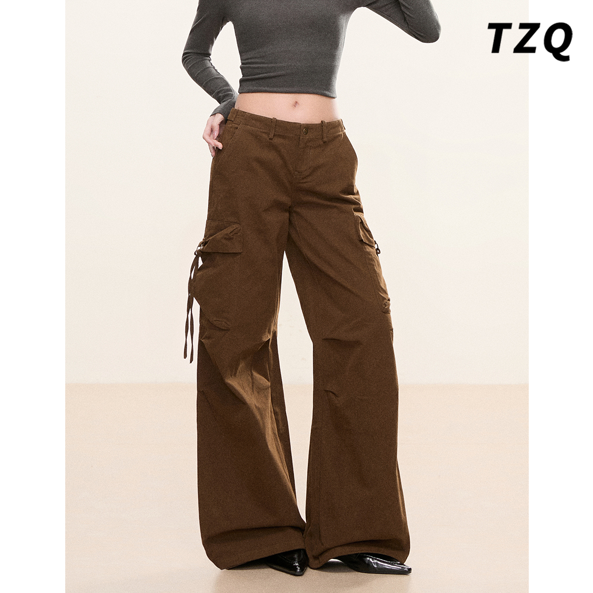 军绿色低腰阔腿牛仔裤