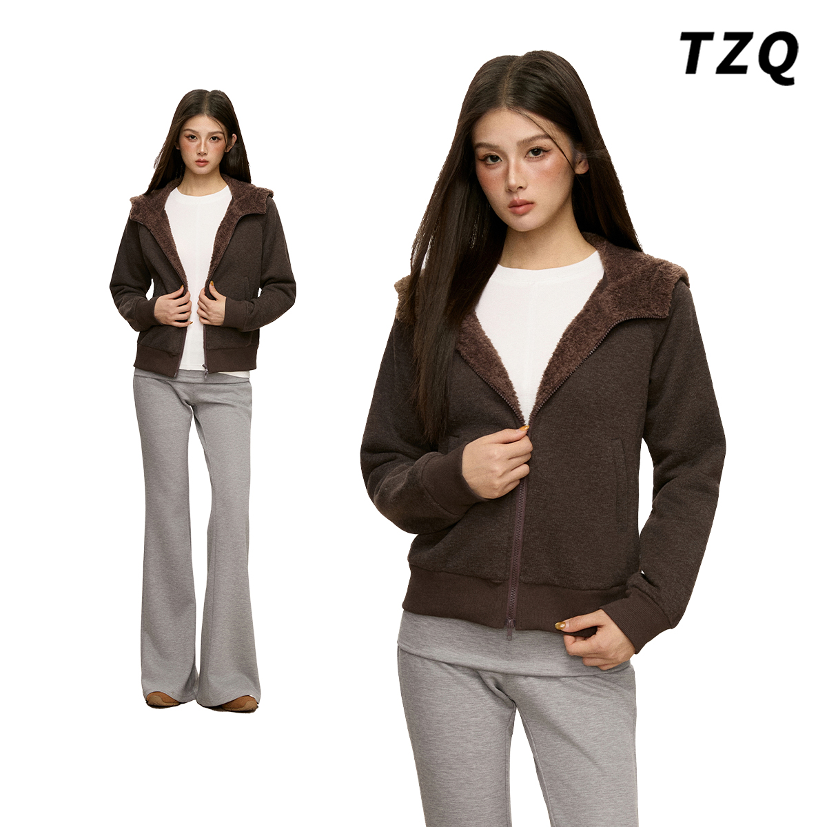 简约咖啡色休闲风连帽拉链卫衣