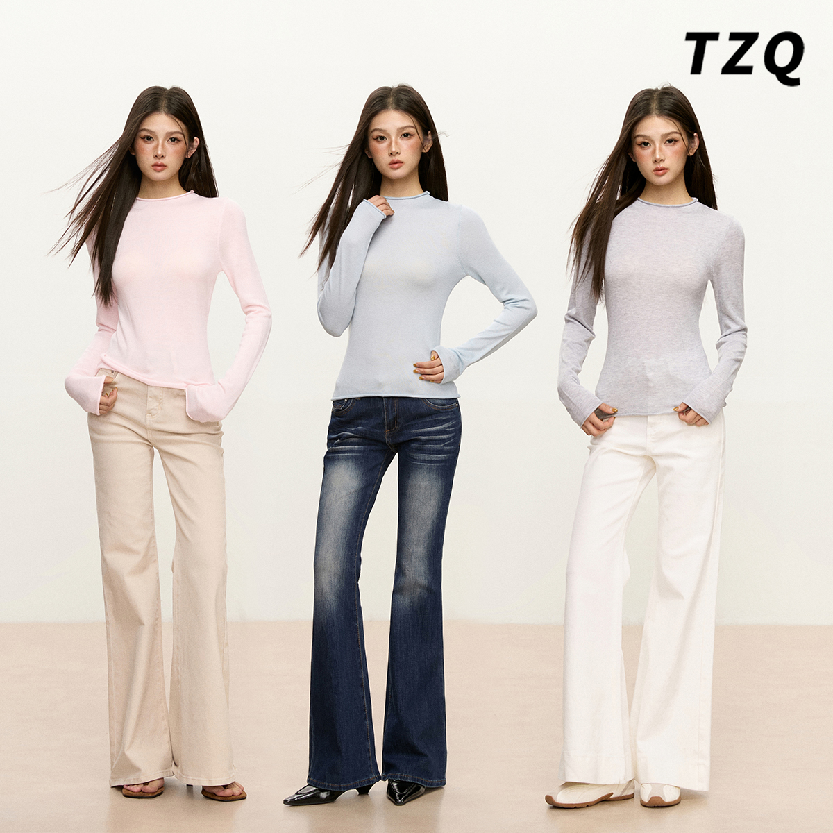 简约知性半高领长袖T恤女