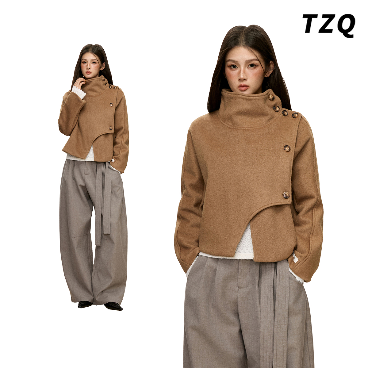 韩版通勤中长款方领毛呢外套